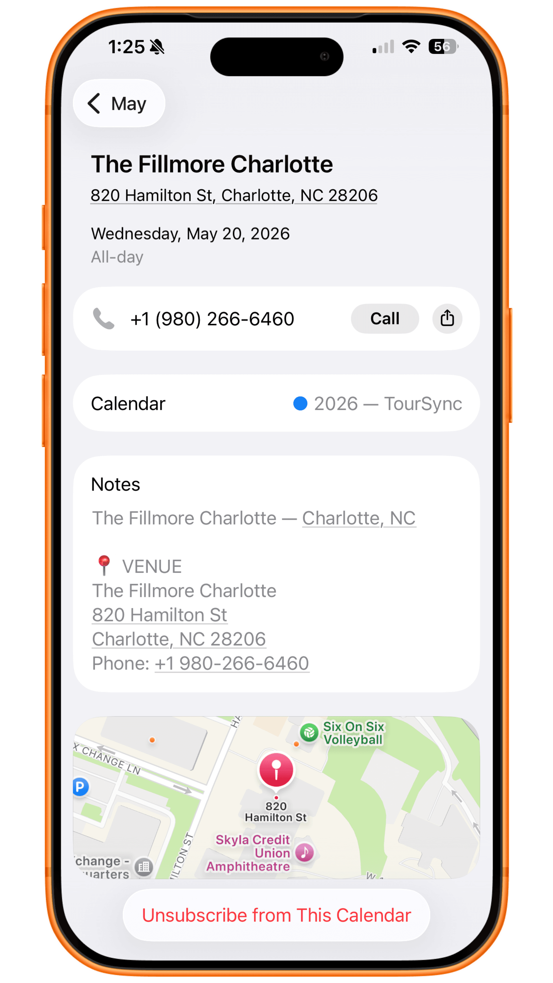 Apple Calendar day view with venue and notes