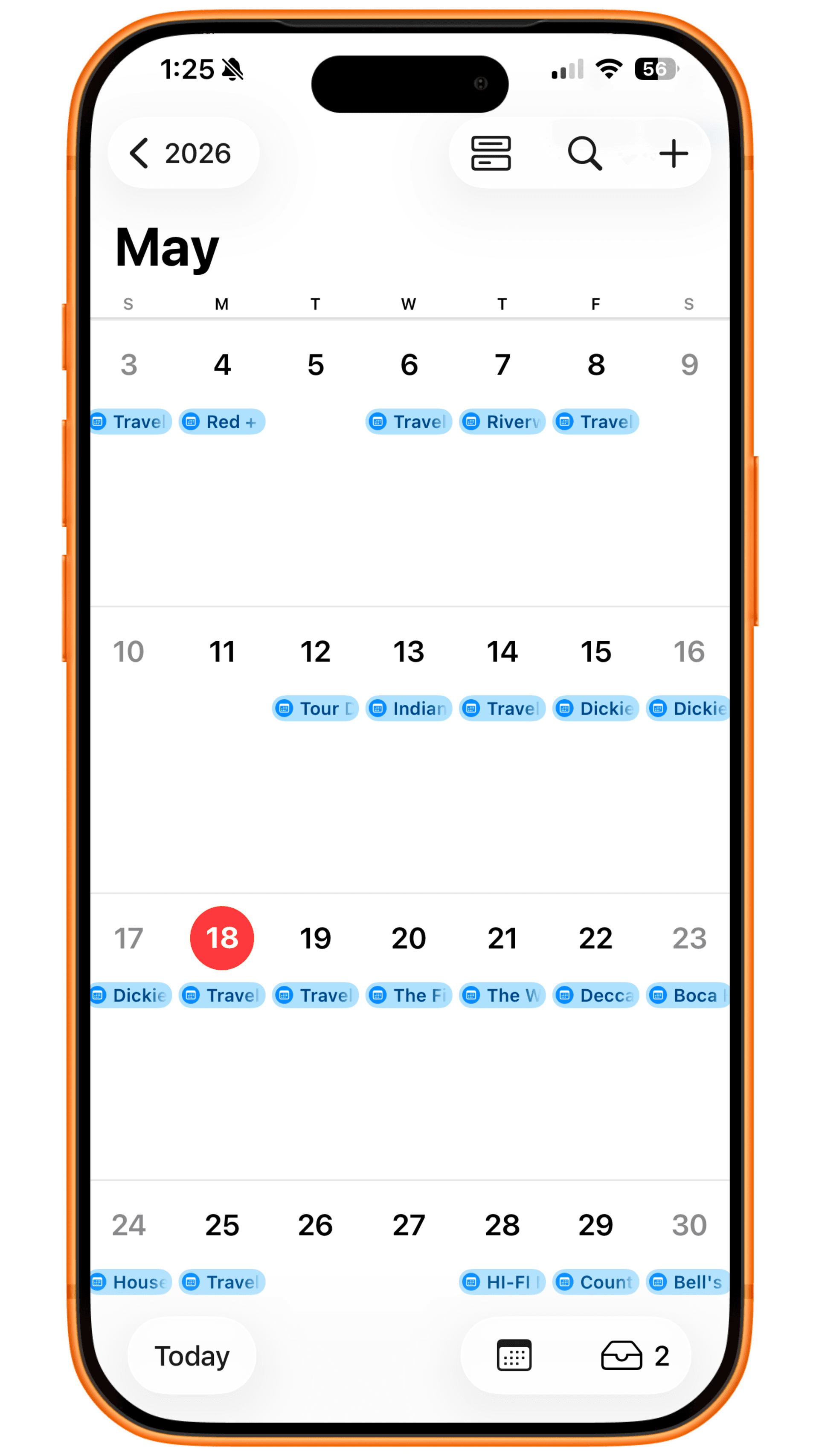 Apple Calendar month view with tour dates