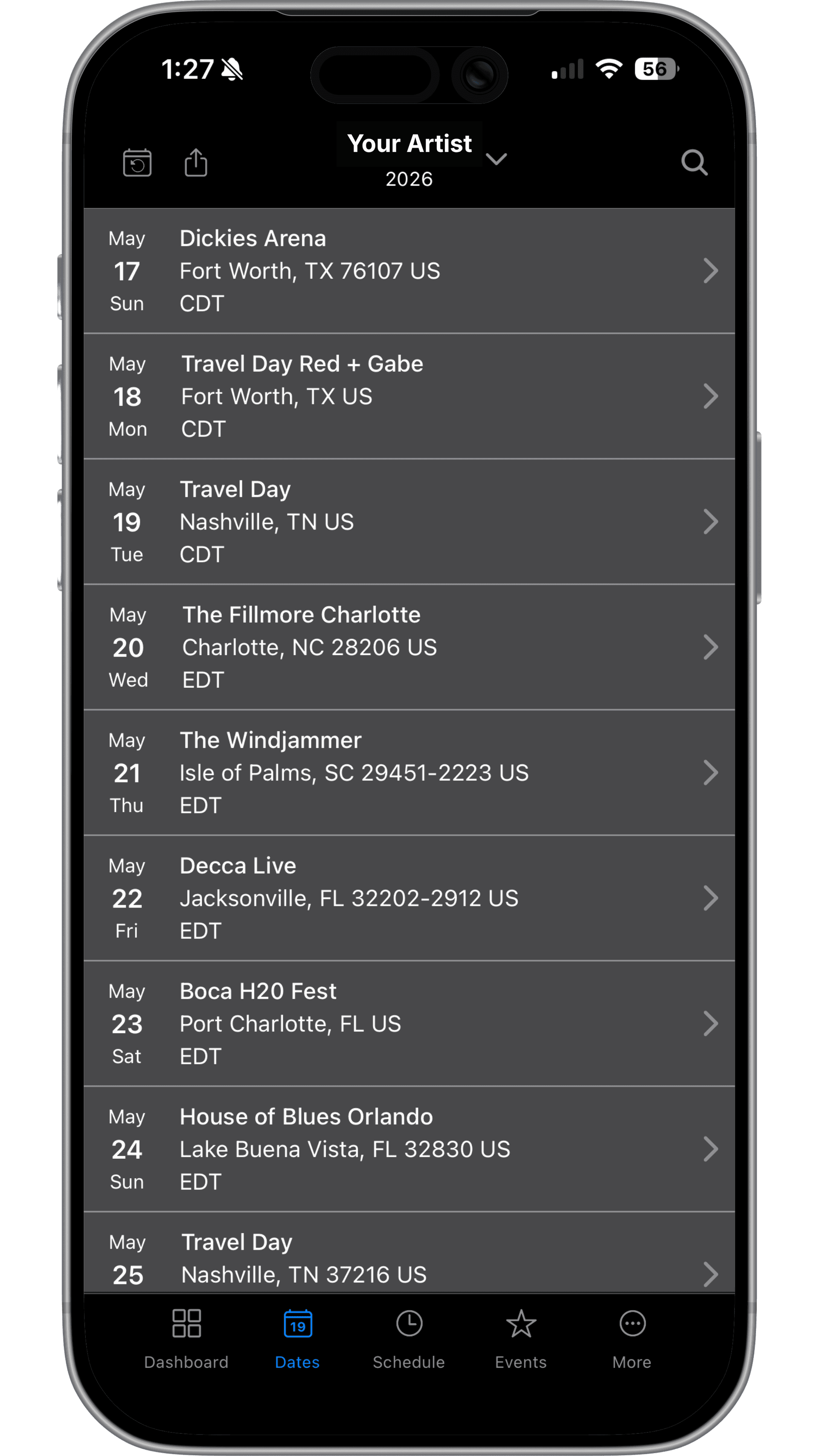 Master Tour schedule view