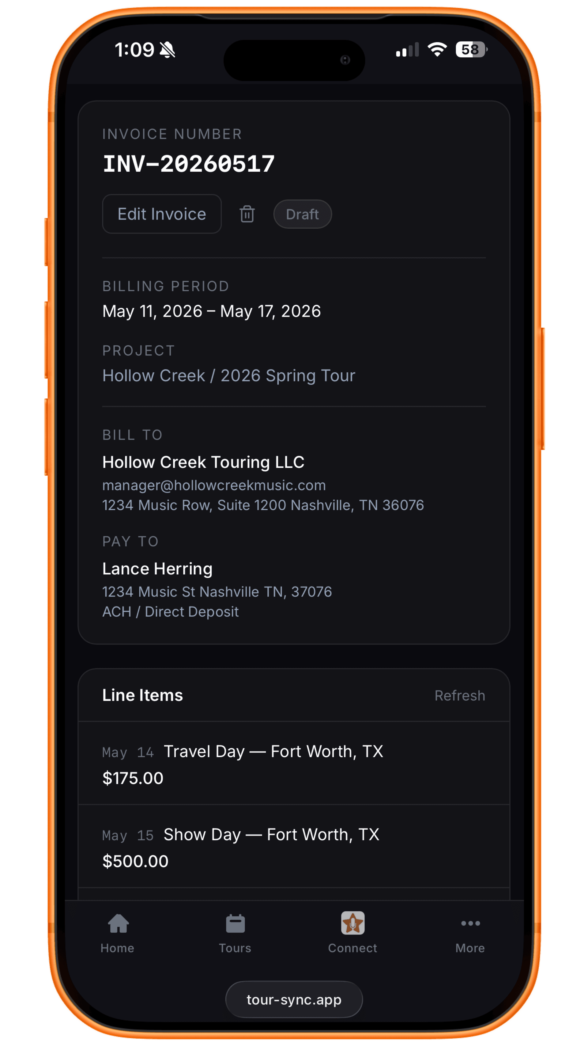 Invoice editor with line items pulled from tour schedule