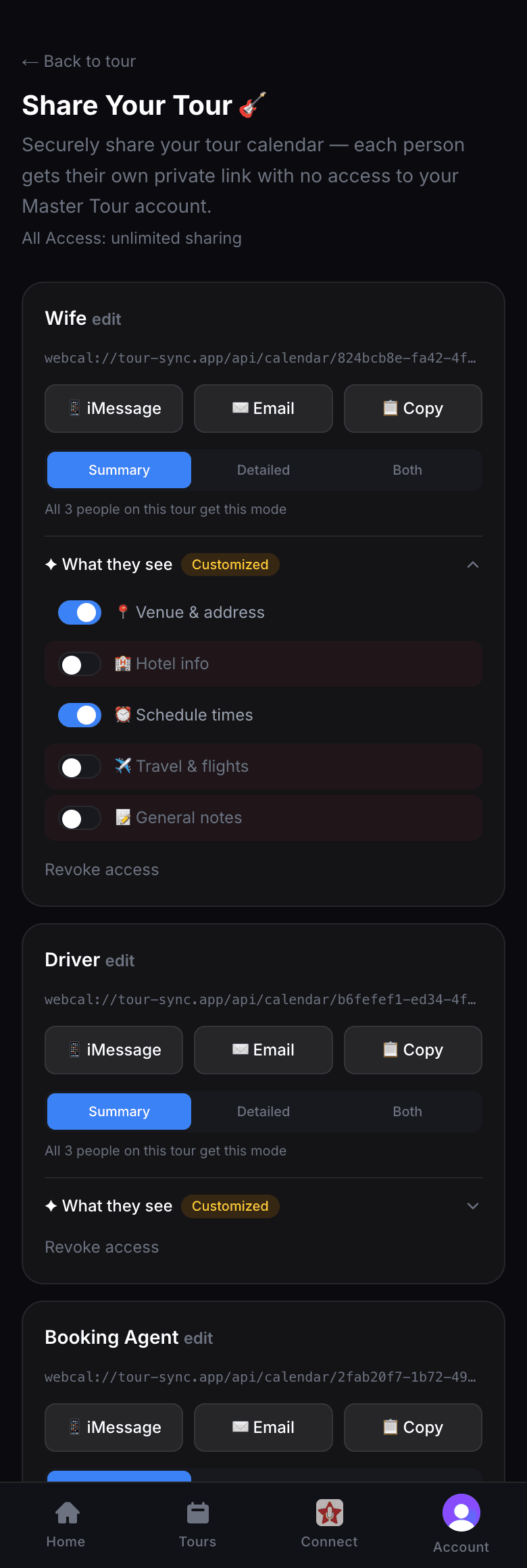 A shared TourSync calendar link showing selected tour days